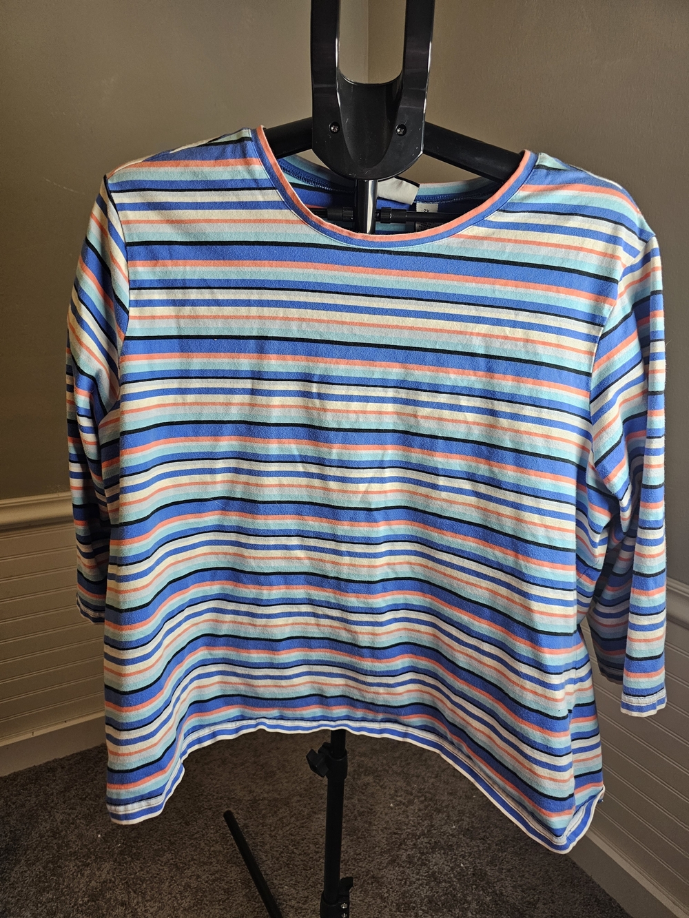 Caribbean Joe Womens Multi-Striped Long Sleeve Top - Blue, White, Pink, Orange